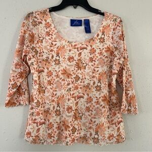 🦋 JH Collectibles Vintage Cream Orange Floral 3/4 Sleeve Blouse Large Spring